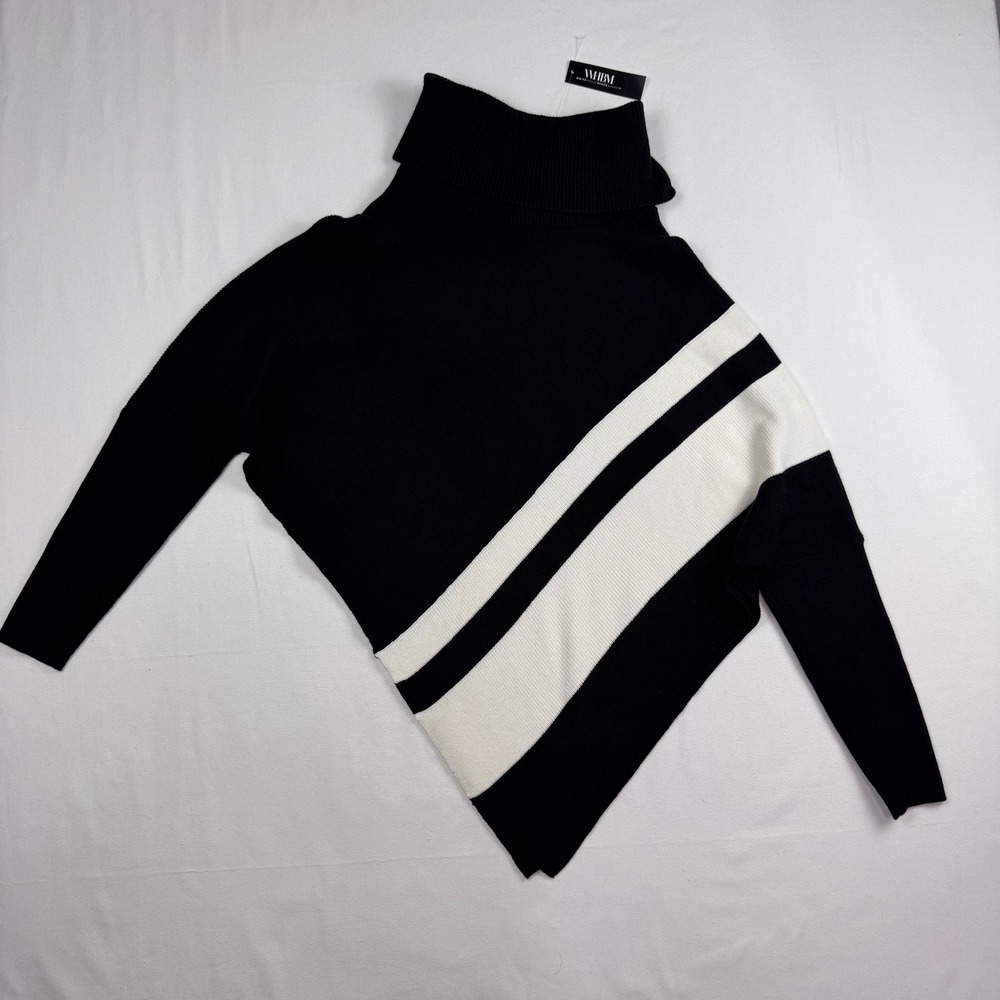 White House Black Market Poncho Women M/L Black Zip Neck Stripe Sweater - Picture 8 of 9